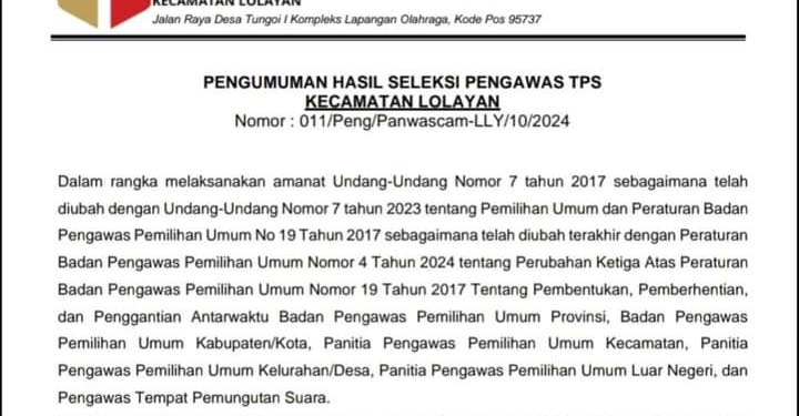 Panwascam Kecamatan Lolayan Umumkan 39 PTPS Lulus Seleksi, Diharapkan Mampu Menjaga Integritas Pemilu
