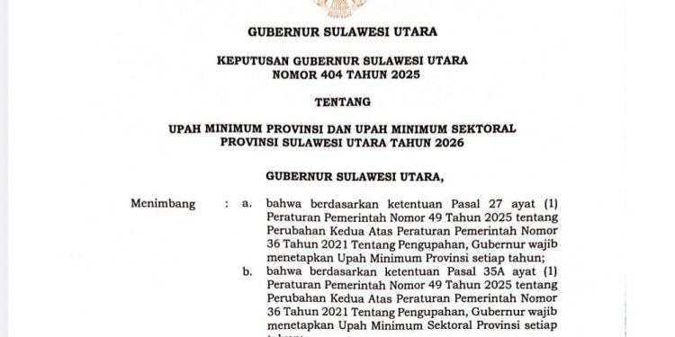 Pemprov Sulut Resmi Tetapkan UMP dan UMSP Tahun 2026